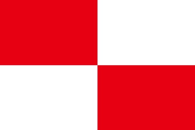 津波フラッグは長方形を4分割した赤と白の格子模様を描いた国際信号旗「U旗」と同じデザイン